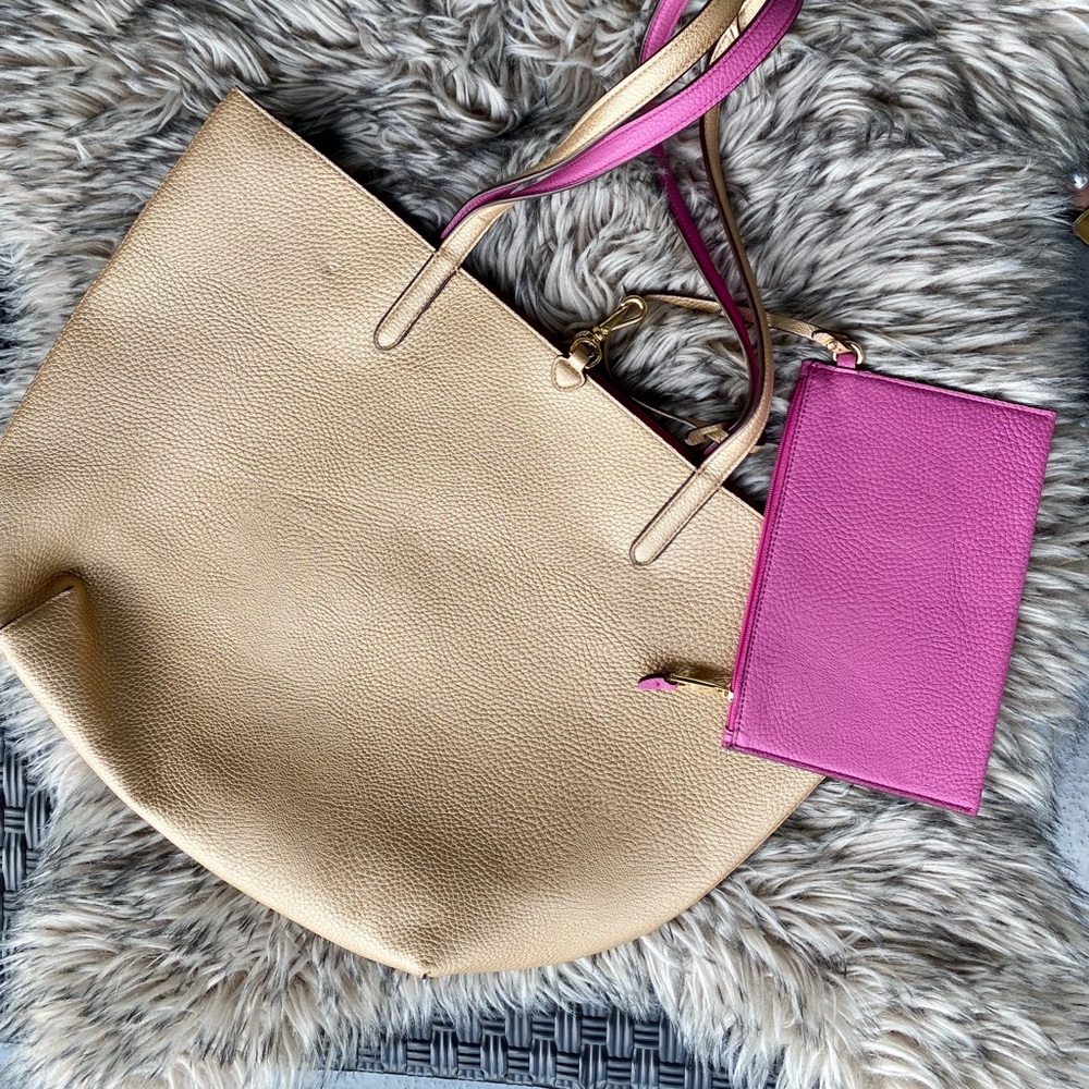 NWT Ralph Lauren gold pink reversible purse fits laptop